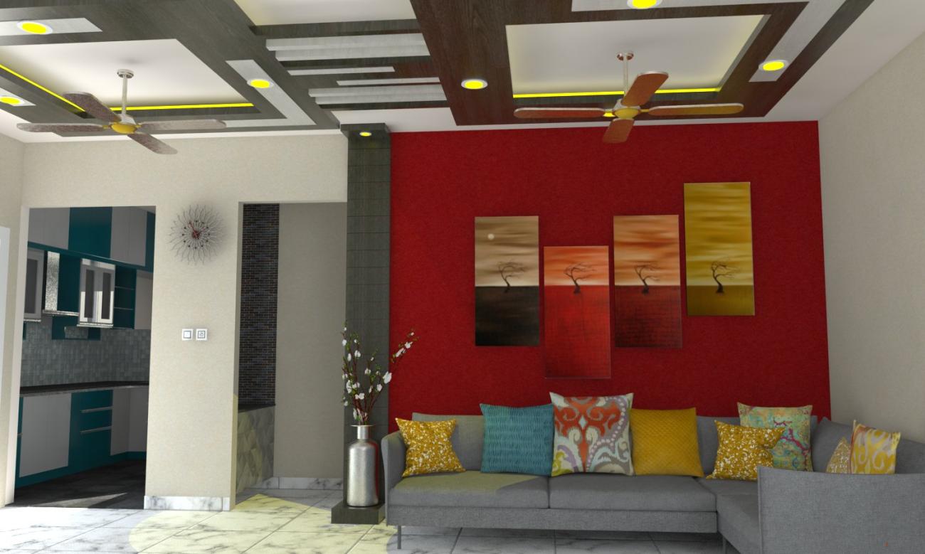 Living Room and Wooden False Ceiling