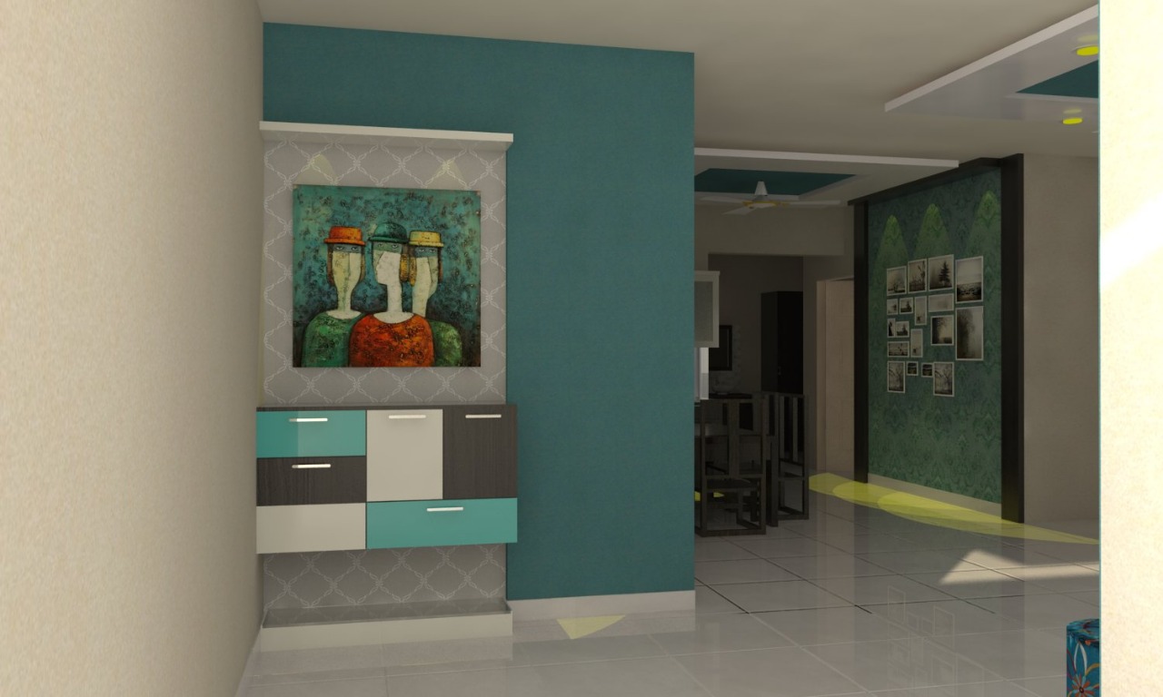 Entrance Foyer Unit with Wallpaper and Green Coloured Wall